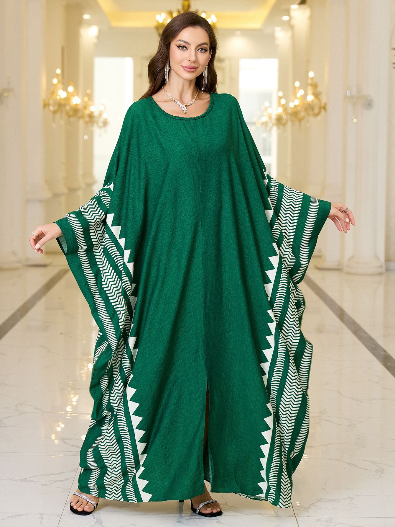 Geometric Pattern Kaftan Maxi Dress with Long Batwing Sleeves for Beach Cover Up